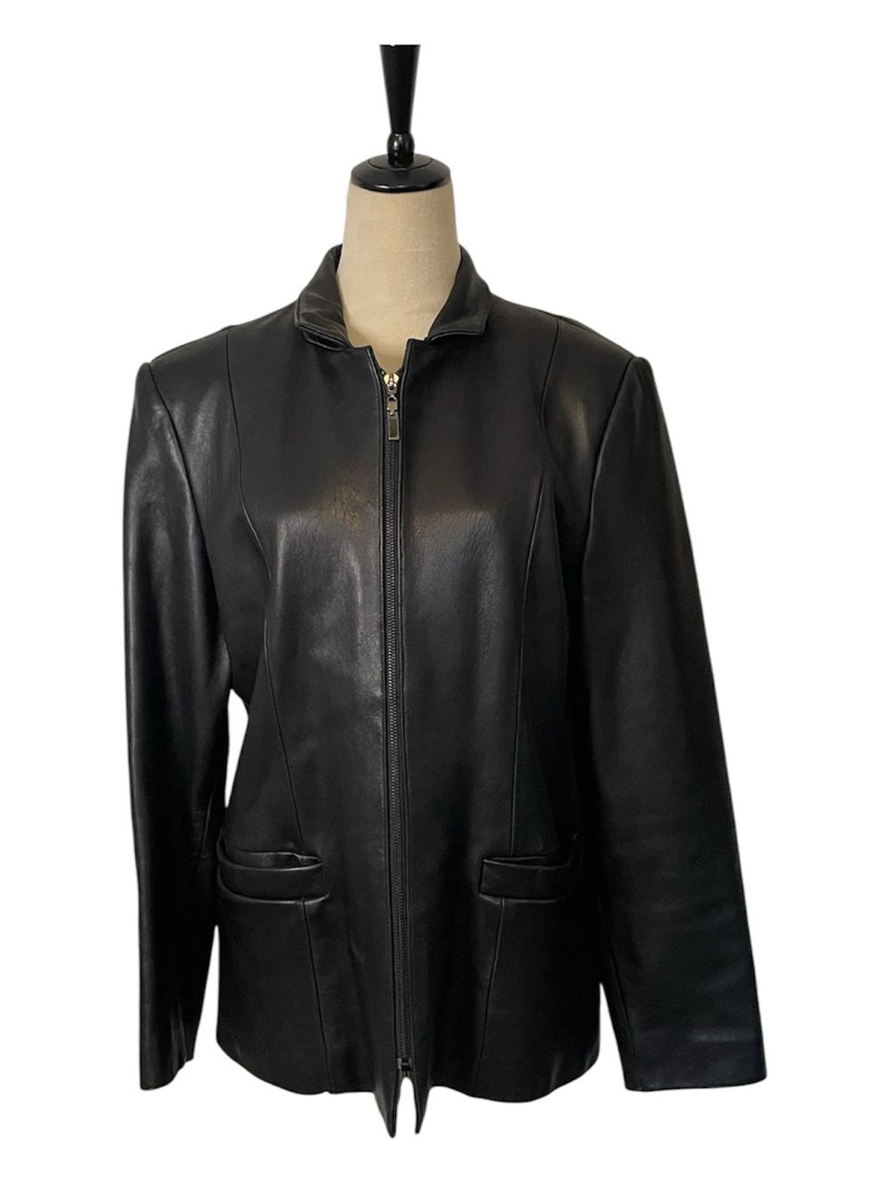 Jones New York Black Leather Zip-Up Jacket
